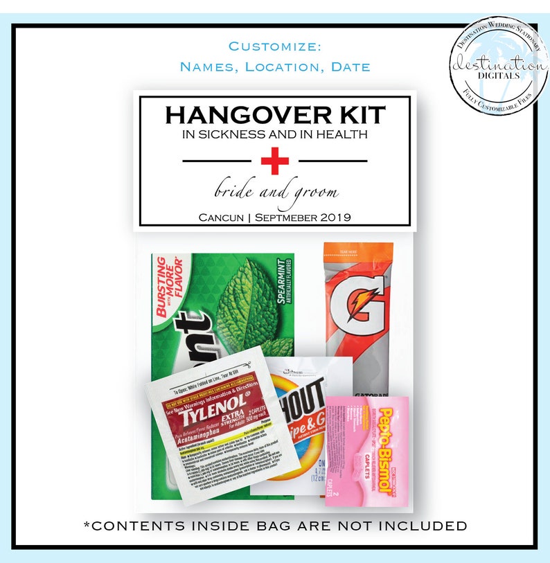 Survival Kit Wedding Hangover Kit Bag and Topper DW100 Recovery Kit Hangover Kit BAG /& TOPPER Wedding Survival Kit Bag Toppers