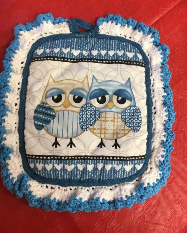 Crochet Edged Owl Pot Holder Hot Pad Pot Holder Hot Etsy