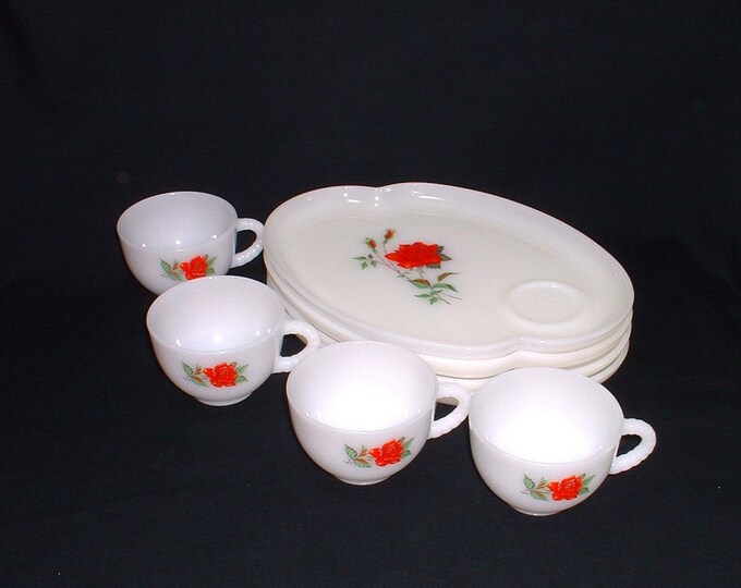 Vintage Milk Glass Luncheon Plates and Matching Cups With Roses/federal