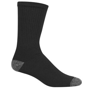 May include: A single black crew sock with a ribbed design. The heel and toe are a contrasting gray color. The sock is made of a soft, comfortable material.