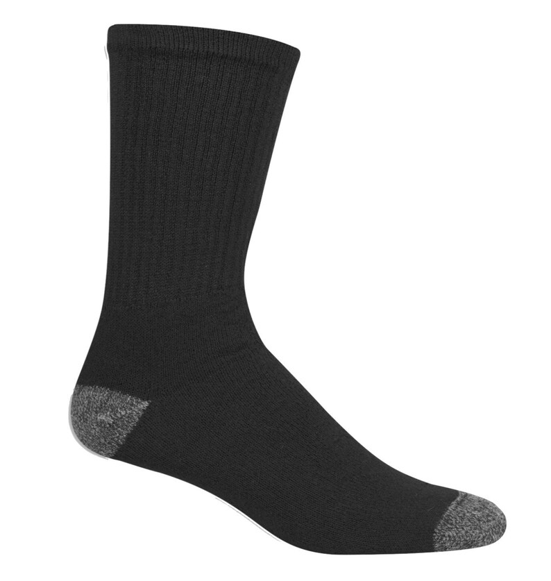 May include: A single black crew sock with a ribbed design. The heel and toe are a contrasting gray color. The sock is made of a soft, comfortable material.