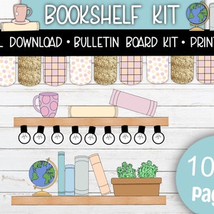 Könnte beinhalten: Ein druckbares Bulletin Board-Set mit einem Bücherregal-Thema. Das Set enthält verschiedene Elemente wie Bücher, einen Globus, eine Topfpflanze und Glühbirnen. Das Set ist perfekt zum Dekorieren eines Klassenzimmers oder eines Heimbüros.