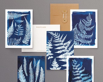 Cartes postales britanniques de fougères | LIVRAISON GRATUITE | Idéal comme mot de remerciement ou oeuvre d'art mural | Cyanotypes botaniques | Cadeau pour écrivains | Lot de 5