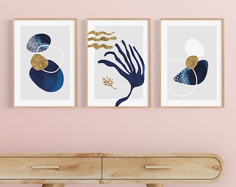 Abstract Beach Art Prints Set | FREE SHIPPING | Perfect gift for ocean lovers featuring blue and gold pebbles and seaweed