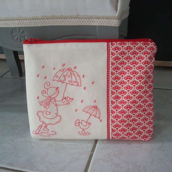 Pochette en coton beige et rouge avec broderie main.