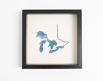 Great Lakes Map Wall Art/Hand Embroidered Art/Nature Art