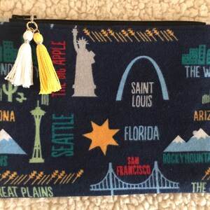 Travel USA Cities Flannel Zippered Pouch: Pencil Case, Makeup Bag