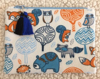 Winter - woodland animals - back to school - zippered pouch - pencil case - makeup bag - zippered case - small bag - card pouch