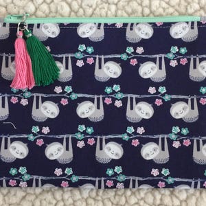 Sloth Zippered Pouch: Cotton Pencil Case with Tassel