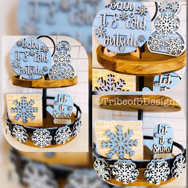 Blaues Weihnachtstablett Svg | Schneemann Stufenablage Svg | Let It Snow Tier Tablett Svg | Baby It's Cold Outside Svg | Laserfertige Dateien |