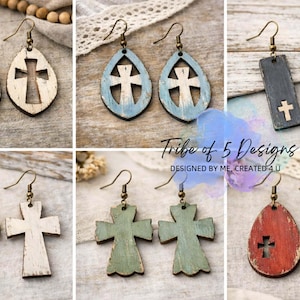 May include: A collection of wooden earrings in various shapes and colors, each featuring a cross design. Styles include teardrop, rectangular, and cross-shaped earrings in shades of white, blue, green, and red. The earrings have bronze-colored hooks.
