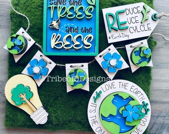 Earth Day Tiered Tray Svg | Earth Tier Tray Svg | Earth Day Tier Tray Svg | Save The Bees Tiered Tray | Lasery Ready Files | Glowforge Files