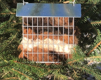 bird nesting raw material ( 100 % alpaca fleece) in a suet feeder.