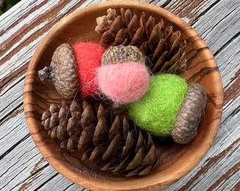 Olive wood bowl with felted acorns