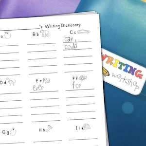 May include: A black and white worksheet with the title 's Writing Dictionary'. The worksheet is divided into columns with letters of the alphabet and corresponding pictures. The words 'can' and 'could' are written on the worksheet. The words 'do' and 'ever' are written on the worksheet. The word 'for' is written on the worksheet.