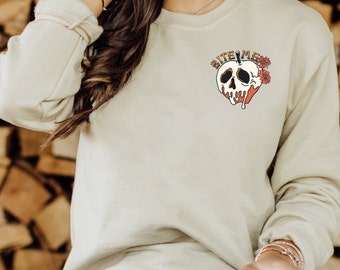 Bite Me Poison Apple Halloween Sweatshirt Fall Autumn Season Funny Saying Sarcastic Fall Flowers Picture on Sleeve