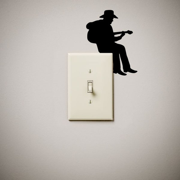 Cowboy guitar musician cute funny Vinyl Decal Sticker light switch cover outlet wall art gift present home house decor decoration