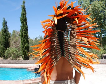 Feather Head Crown, Green and Orange Feather Head Dress, Long Feathered Native Head Piece, Music Festival Head Wear.