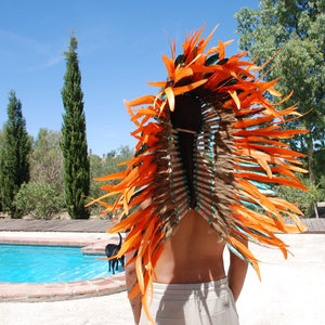 Feather Head Crown, Green and Orange Feather Head Dress, Long Feathered Native Head Piece, Music Festival Head Wear.