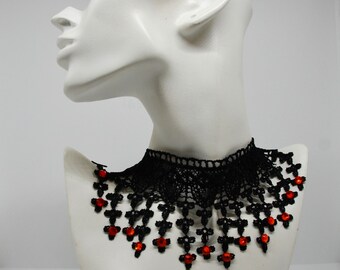 Black Lace Choker, Gothic Jewellery, Beautiful Crystal Stones Necklace, Antique Lace Collar, Orange Crystals Choker.