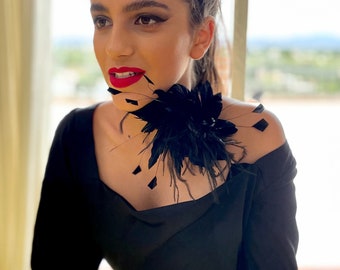 Large Black Feathered Flower Choker, Prom Feather Necklace, Graduation Corsage, Statement Neck Wear.