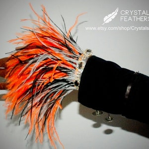Orange Real Ostrich Feather Bracelet, Silver Diamond Bangle Hand Cuff, Halloween Accessory.