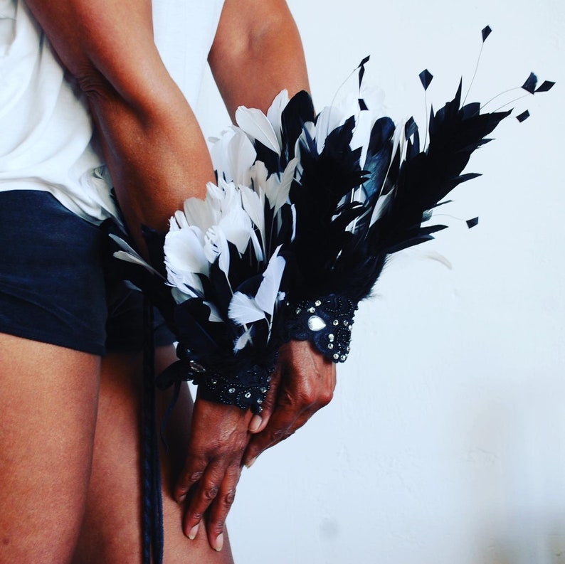 Beautiful Hand Made Long Feather Hand Cuffs Black /& White Feather Arm Band Rhinestone and Diamond Band.