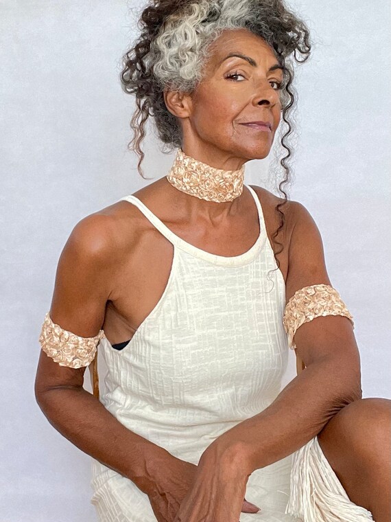 Silky Beige Flower Choker: Velvet Ribbon Tie Wedding Jewelry Set