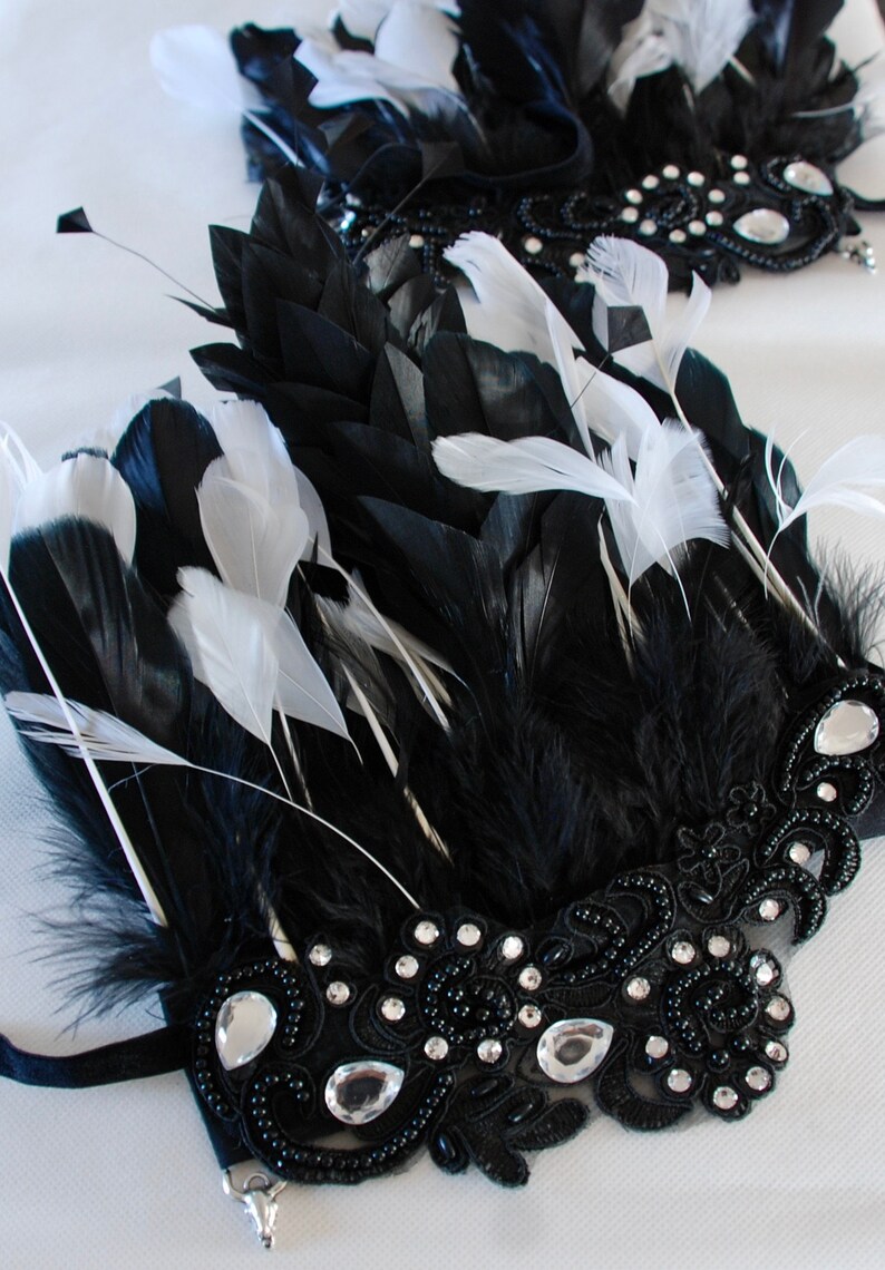Beautiful Hand Made Long Feather Hand Cuffs Black /& White Feather Arm Band Rhinestone and Diamond Band.