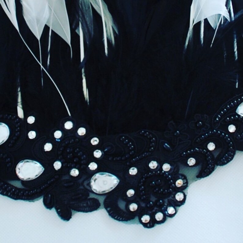 Beautiful Hand Made Long Feather Hand Cuffs Black /& White Feather Arm Band Rhinestone and Diamond Band.