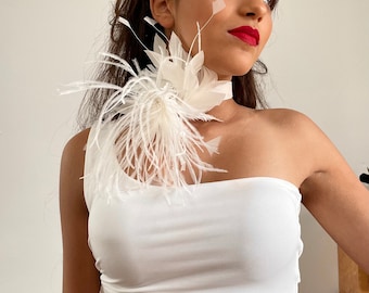 Handmade Ivory Ostrich Feather Flower Choker: Velvet Ribbon Tie Corsage