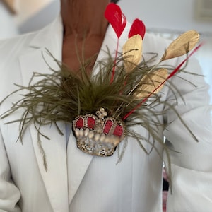 Red, Silver & Gold Brooch. Ostrich Feather Brooch. Lapel Pin Feather Brooch. Green Ostrich Feather Pin.