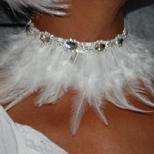 White Swan Collection, White Feathers and Large Diamond Choker, Sparkly Crystal Stones. Great Jewellery Cover-up Neckline.