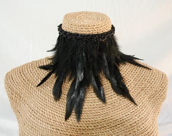 Black Swan Collection Jewelry, Black Feather Choker, Small Black Beaded Feather Necklace, Ladies Black Feather Neck Collar.