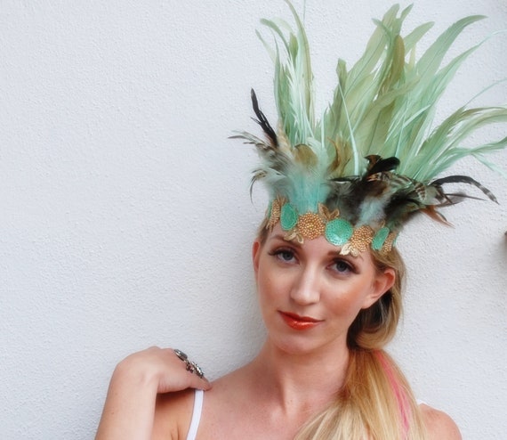 Mint Green Festival Head Crown Feather 