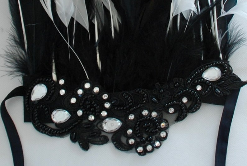 Beautiful Hand Made Long Feather Hand Cuffs Black /& White Feather Arm Band Rhinestone and Diamond Band.