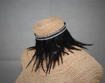 Black Feather Choker: Crystal & Silver Band, Velvet Tie