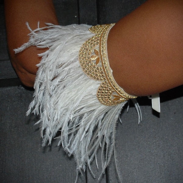 Beautiful White Whisper Ostrich Feather Armband, Gold Indian Half Circle Arm Band.