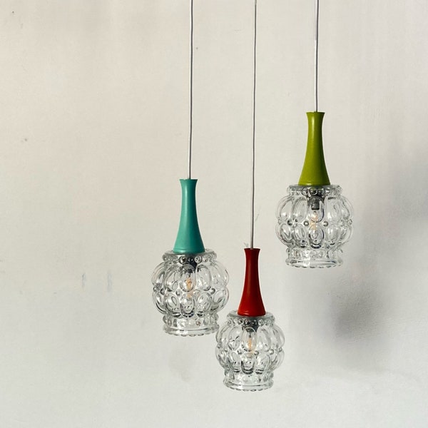Lustre cascade 3 feux globe en verre bullé vintage luminaire suspension décoration