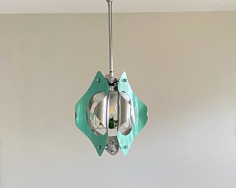 Lampadario a sospensione in acciaio inox anni settanta Mazzega in vetro decoro verde antico