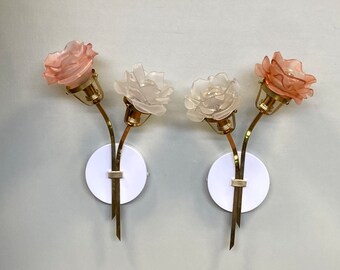 Paire appliques doubles en laiton et rose en pâte de verre fleur vintage décoration art déco