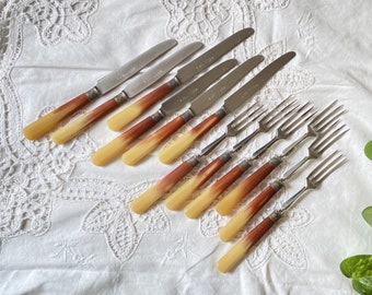 Lot de 12 couverts 6 petites fourchettes à dessert 6 couteaux bakélite et inox vintage art de la table
