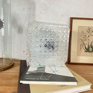 Puede incluir: Una lámpara de cristal transparente de forma cuadrada con una superficie texturizada y facetada. La lámpara está colocada sobre una pila de libros, uno de ellos con el texto "ARNOLDSCHE ART PUBLISHERS". En el fondo se ve una lámina botánica enmarcada.