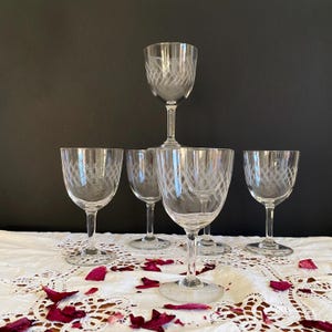 6 large vintage engraved ribbed crystal wine or water glasses