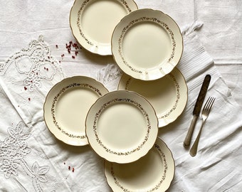 Lot de 6 assiettes plates crème et or en faïence ancienne Villeroy et Boch vaisselle vintage décoration table en fête