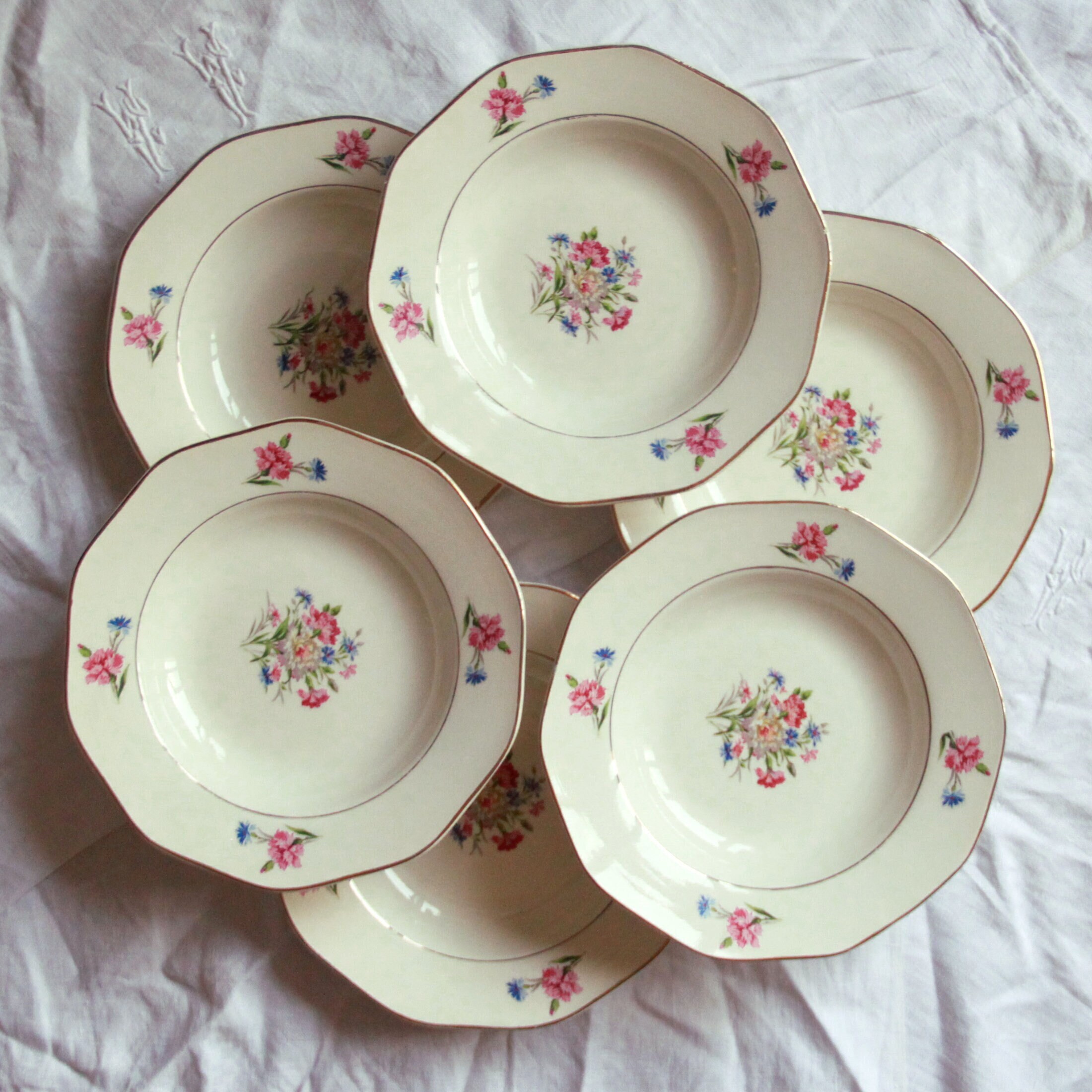 Lot de 6 Assiettes Creuses Petites Fleurs Faïence Ancienne Française Digoin Sarreguemines Modèle Nic