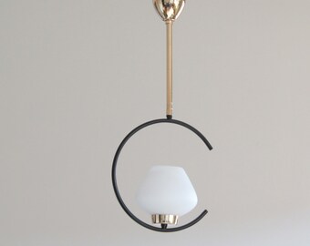 Gold and black metal pendant chandelier vintage white opaline glass globe