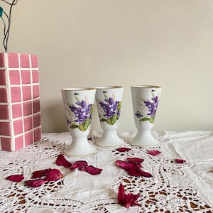 Set of 3 mazagrans coffee cup mug porcelain Limoges flowers purple Toulouse old vintage tableware