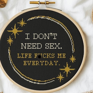 Funny Cross Stitch Pattern PDF – I Don’t Need Sex, Life F*s Me Everyday, Snarky Cross Stitch Chart, Witty Sarcastic Decor, Dark Humor Design