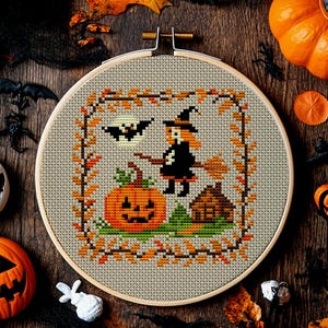 Halloween Cross Stitch Pattern PDF - 5&quot; Cute Little Witch with Moon Pumpkin Bat. Instant Download Embroidery Chart. Autumn CottageCore Decor